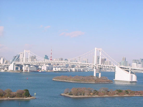 Tokyo Rainbow Bridge in the morning showing Tokyo Tower